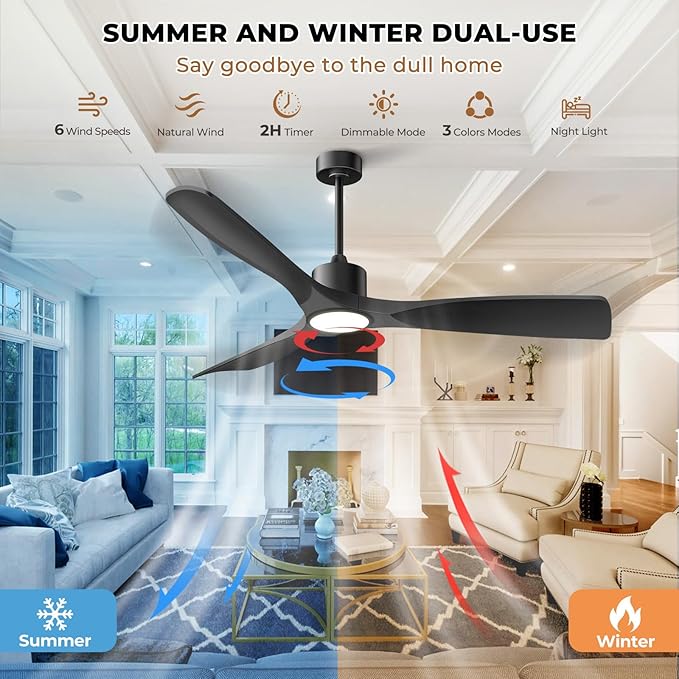60" Smart Ceiling Fan with Lights,Outdoor Ceiling Fan 3 Blade,Compatible with Alexa/Gg/App/Remote,3-Color Light 6-Speed Quiet Reversible DC Motor for Patio,Black