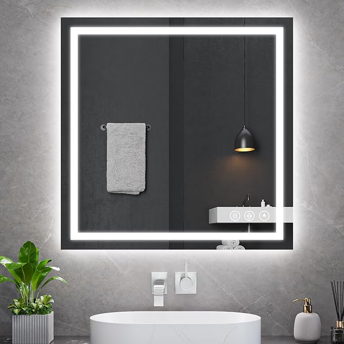 Koonmi 30x30 LED Bathroom Mirror, Backlit + Front Lit, LED Bathroom Mirror with Lights for Wall, 3 Colors, Anti-Fog, Dimmable Brightness, Memory Function, Tempered Glass