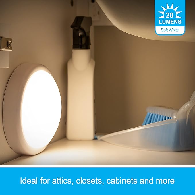 GE Round Tap Light, Battery Operated, White, Push On/Off, Wireless, Portable and Convenient, Perfect for Under Cabinets, Closet, Attic, Nightstand, Nursery, Bathroom, Hallway, 54807, 7.75x 6.55x 2.4