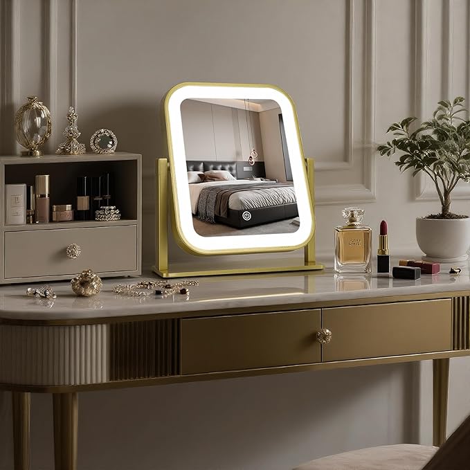 Vanity Mirror with Lights, 1500mAH, 10"×9" Makeup Mirror with Lights, Smart Touch with 3-Color Lighting, 360° Rotation, Portable LED Desk Mirror, Bedroom (Gold)