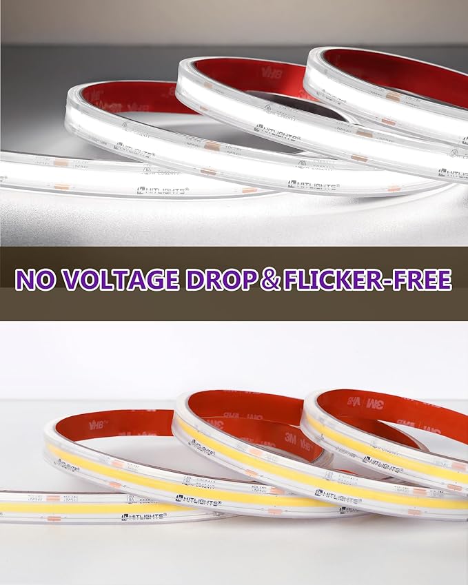 Outdoor COB LED Strip Lights Waterproof White 5000K, 16.4ft IP67 24V Tape Light High Density, 2560 LEDs, 305 LM/FT, CRI 90+, Lighting for Bathroom,Backyard,Garden,UL Listed(Power Source Not Included)