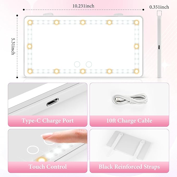 SINGARO Car Sun Visor Vanity Mirror - Rechargeable Makeup Mirror with 60 LEDs, 3 Light Modes & Dimmable Touch Control for Cars, Trucks, SUVs, Car Interior Accessories for Women (White)