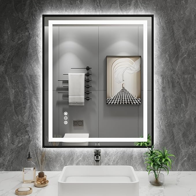 Amorho LED Bathroom Mirror, 24"X30" Front Light and Backlit with Black Frame, Stepless Dimmable, Anti-Fog, Shatter-Proof, Memory, 3 Colors, Double LED Vanity Mirror