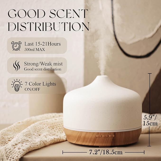 Porseme 500ml Glass Essential Oil Diffuser Aromatherapy Ultrasonic Cool Mist Humidifier 15-21 Running Hours Waterless Auto-Off Air Diffusers for Sleeping Yoga Working Spa(White Ceramic)