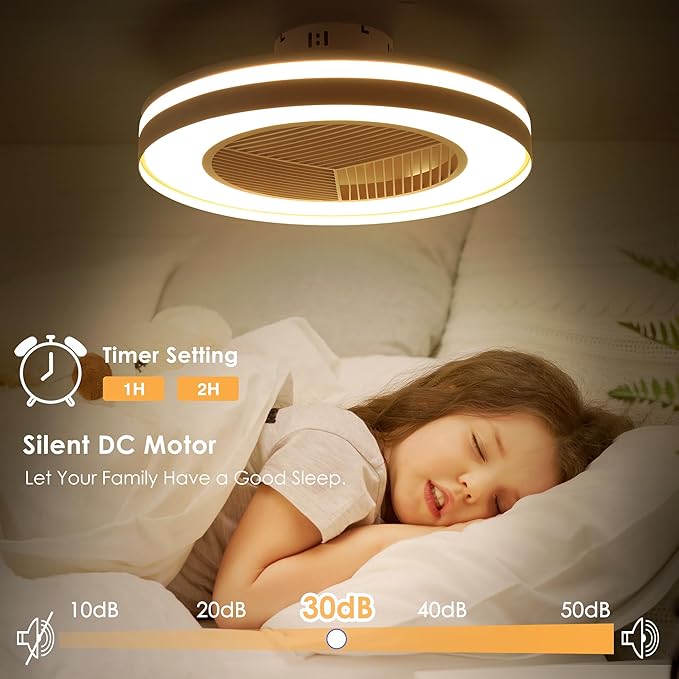 Smart Low Profle Ceiling Fans with RGB Lights Remote/APP/Voice Control, 20" Bladeless Ceiling Fans with 6 Speeds, Timer, Quiet DC Motor, Ceiling Fan with Light for Kids Bedroom/Living Room