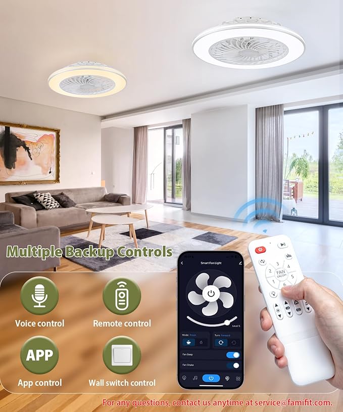 2-in-1 Low Profile Ceiling Fan with Light, 24” Caged Safety Design for Kids - RGB Color, Smart APP/Remote Control, Quiet Flush Mount DC Motor, Ideal for Bedroom/Living Room/Kitchen, White