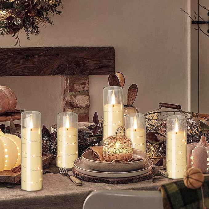Flickering Flameless Candles with 2 Remote, 7 Pack LED Battery Operated Candles with Timer and String Lights, Clear Battery Candles for Halloween Christmas Home Fall Decorations
