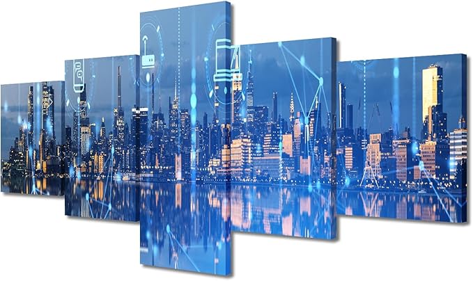 Canvas Wall Art for Living Room New York Modern City Poster Advanced Internet Graph 5 Panel Wireless Network Poster Native Americans Home Decoration Teacher Office Bedroom Decor 50x24 Inch