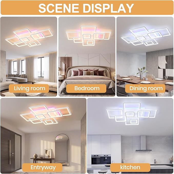Modern LED Ceiling Light, 100W Dimmable LED Chandelier Black Flush Mount Ceiling Lights, Remote Control Acrylic Ring Ceiling Lamp Fixture for Living Room Dining Room Bedroom,White,3000-6000K
