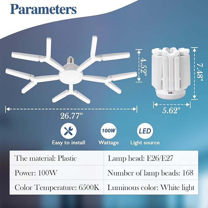 2 Pack Garage Light Super Bright 6500K LED Ceiling Lamp Deformable Screw in E26/E27 Shop Light for Workshop Basement Attic Warehouse