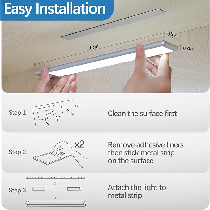 51-LED Motion Sensor Under Cabinet Lighting, 12-inch Magnetic Rechargeable Under Counter Closet Lights, Wireless Light Bar, 3-Pack, Neutral White