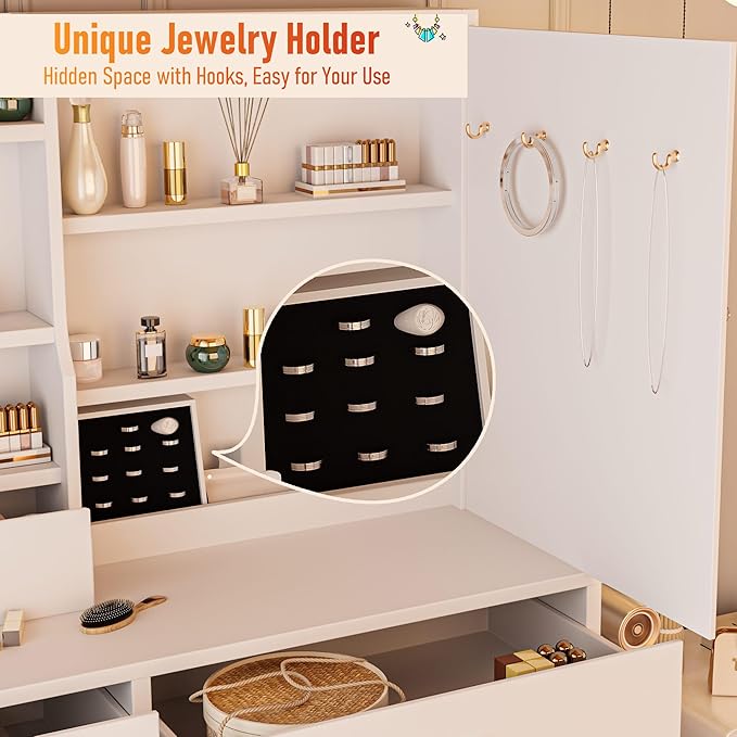 DYHOME Makeup Vanity Desk with LED Lights Mirror 3 Adjustable Modes and Power Outlets, Vanity Table with 6 Drawers Dresser and Bench, Makeup Desk for Bedroom Dressing Room, White