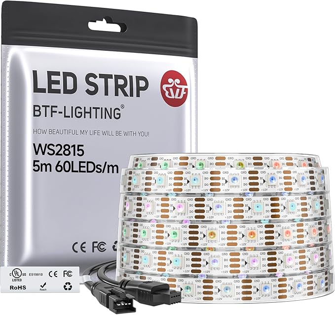 BTF-LIGHTING WS2815 (Upgraded WS2812B) LED Strip Light,UL Listed,16.4FT 300 LED/Pixels,Flexible Chasing RGB,Dual Signal Individually Addressable,5050SMD,3M Tape,DC12V IP67(No Adapter or Controller)