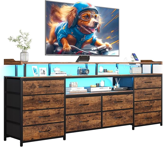 BTHFST 12 Drawers TV Stand Dresser for 65/70 inch TV, Entertainment Center with LED Lights & Power Outlets, 63" Large LED TV Stand, TV Console for Bedroom
