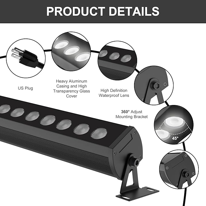 Outdoor LED Wall Washer Light Bar – 40 Inch, 3000K Warm White Waterproof Heavy-Duty Strip Light (IP65), 6.5ft Plug-&-Play