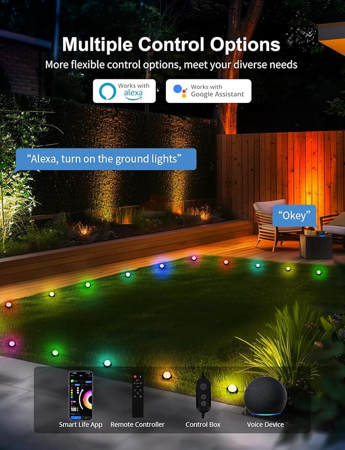 APPECK Smart Outdoor Ground Lights 16 Pack, 50FT RGBW Color Changing Pathway Lights Wired, IP65 Waterproof Landscape Lights, for Garden Yard Lawn Walkway Holiday Party Decor, Compatible with Alexa