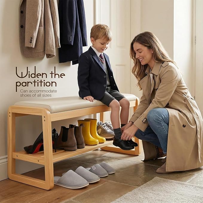 Shoe Rack Bench with Flip-Top Storage, Solid Rubberwood 2-Tier Shoe Organizer with Cushion, Wooden Shoe Stand for Entryway, Mudroom, Hallway, Closet, Front Door Entrance, Foyer,31.5in