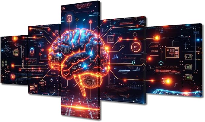 5 Panel Bedroom Wall Decor House Decorations Living Room Wall Decor Neural Network Canvas Wall Art Futuristic Technology Posters for Room AI Artwork Home Decor Wooden Framed Ready to Hang 50"Wx24"H