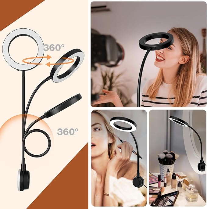 Suction Cup LED Vantiy Lights for Mirror, Flexible Gooseneck Stick on Selfie Ring Light for Makeup Vanity Table & Bathroom Mirror, 3 Color Modes & 10 Brightness, Plug in, Black
