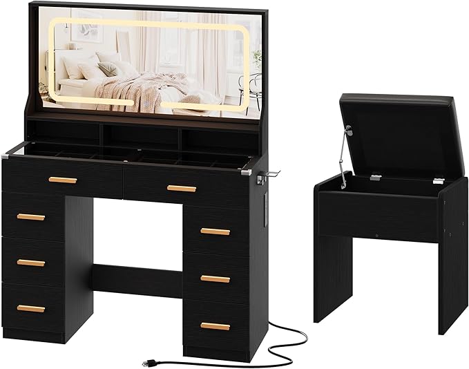 IDEALHOUSE Vanity Desk with Mirror and Lights, Makeup Table with Glass Top & 8 Drawers, 3-Color LED Mirror, Power Outlets & USB, Hair Dryer Holder, Stool Included, Dressing Table Set for Bedroom
