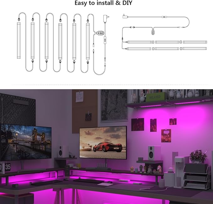 Smart Under Cabinet Lighting with Remote,RGB Cabinet Lights,Color Changing LED Strip Lights for PC,Kitchen Under Counter Lighting Plug in,Shelf Lights,LED Light Bar,Work with Alexa,Google,App,6pcs