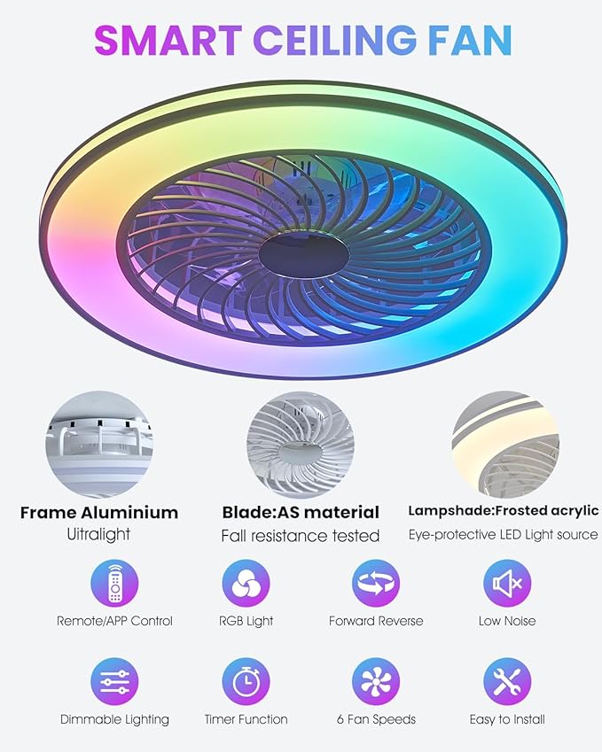 NEW Smart WiFi&Bluetooth RGB Ceiling Fans with Lights and Remote,20"low profile ceiling fan with light,Compatible with Alexa,Google Assistant,App Control Color Changing,3000K-6000K,6 adjustable speed