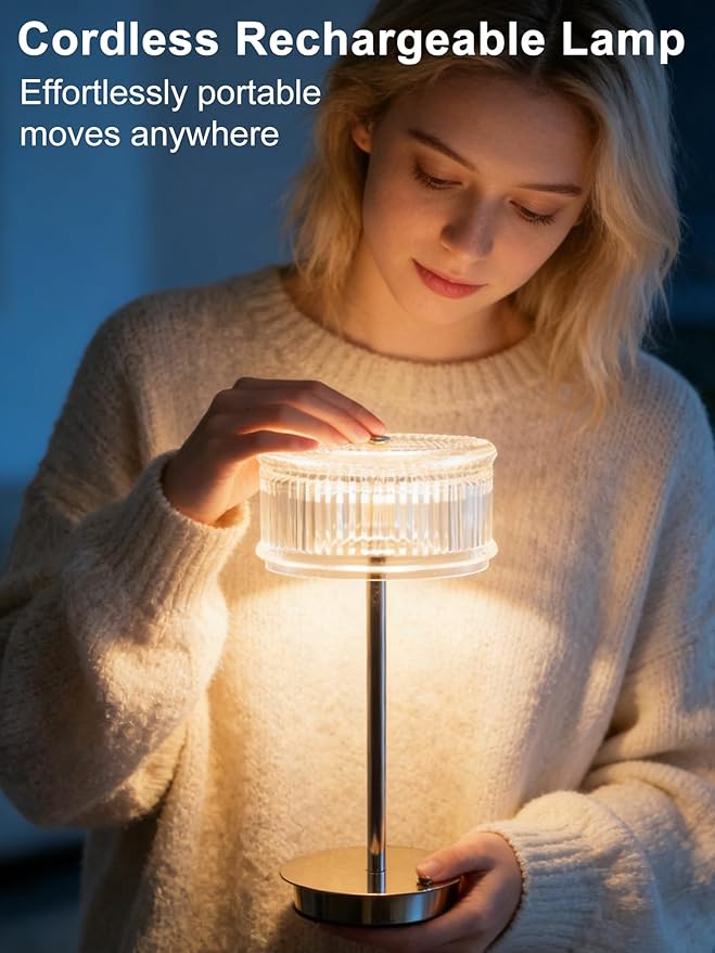 Cordless Table Lamp,LED Desk Lamp Rechargeable Bedside Lamps,3 Colors Dimmable Night Light Portable Touch Lamp,Acrylic Crystal Reading Light for Bedroom Living Room Kitchen Ambient Lighting Home Decor