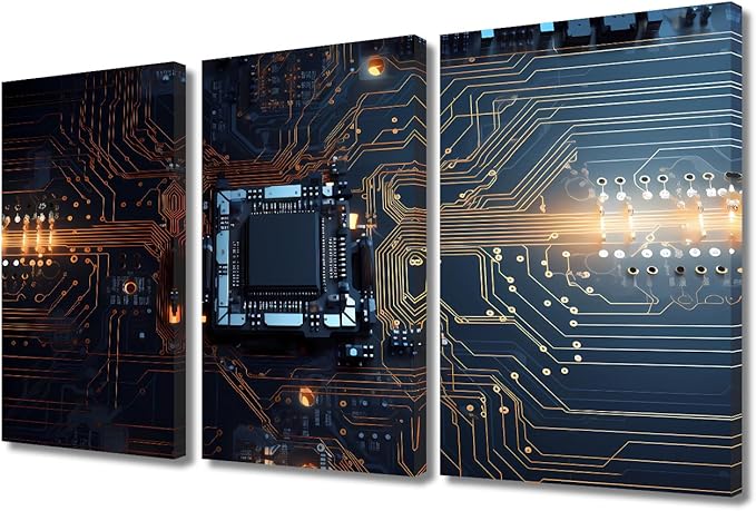 Chip Wall Art for Bedroom 3 Panels Computer Processors CPU Concept Canvas Painting Circuit Board Pictures Wall Art for Living Room Contemporary Home Decor Stretched on Wooden Frame (36" Wx24 H)