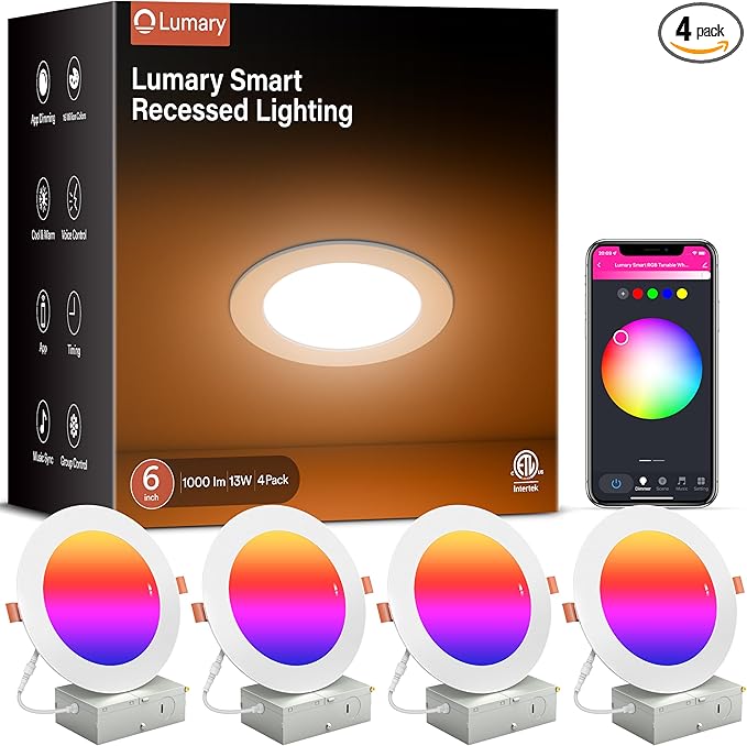 Lumary Smart Recessed Lighting 6 Inch, Canless LED Recessed Lights 13W 1000LM, Color Changing LED Downlight with J-Box, Compatible with Alexa/Google Assistant/BT Remote, ETL Listed, 4 Pack