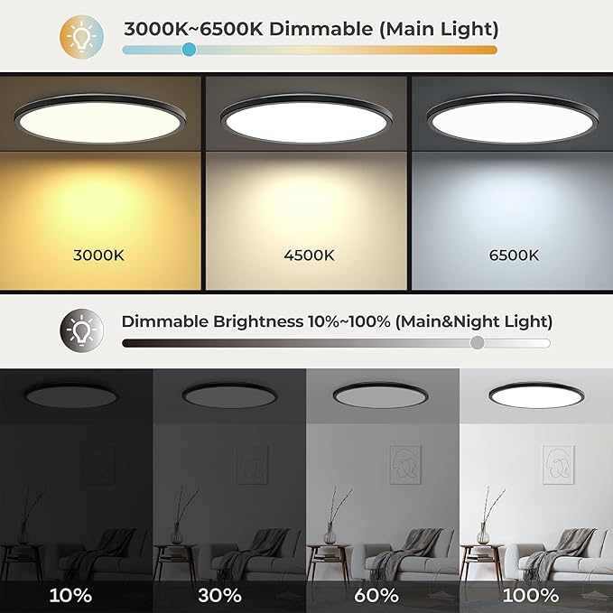Matane 15.4in LED Flush Mount Ceiling Light Fixture with Remote, 2000K Warm Nightlight, Dimmable 3000K-6500K Low Profile Ceiling Lights for Bedroom, Living Room, 3600LM Black