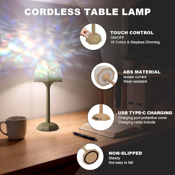 Rechargeable Table Lamp with Remote Control, 16 Color Changing LED Night Light with Water Ripple Projection, Adjustable Brightness for Bedroom, Office, Home Decor