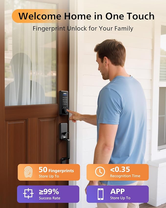 Philips WiFi Smart Lock with Front Door Handle Set, Built-in WiFi, APP Remote & Voice Control, Fingerprint Keyless Entry Door Lock, Keypad Deadbolt Smart Locks for Front Door, Auto-Lock, Matte Black