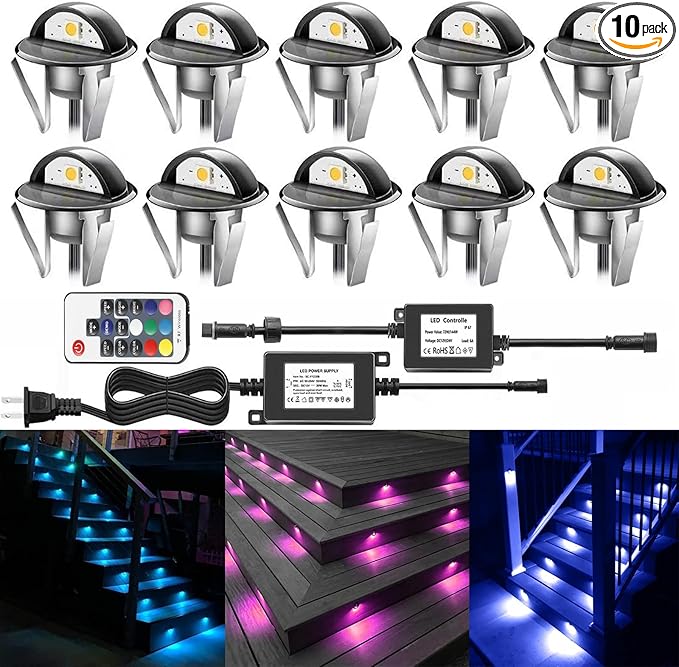 10PCS Low Voltage LED Deck Lighting Kit,0.2W-0.4W Low Voltage Multi-Color RGB Stainless Steel Waterproof Outdoor Landscape Garden Yard Patio Step Decoration Lamps LED In-ground Lights (RGB)