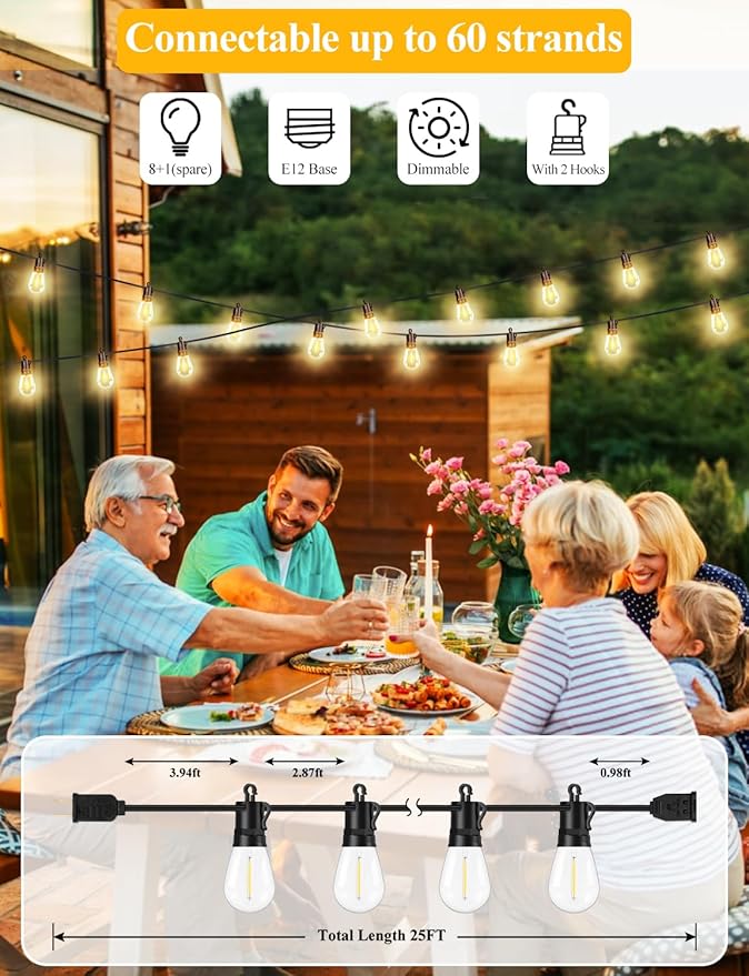 Brightever 25FT Outdoor String Lights Waterproof, LED Patio Lights with 8+1 Shatterproof S14 Edison Bulbs, String Lights for Outside Dimmable, Connectable Hanging Lights for Balcony, Yard, Gazebo