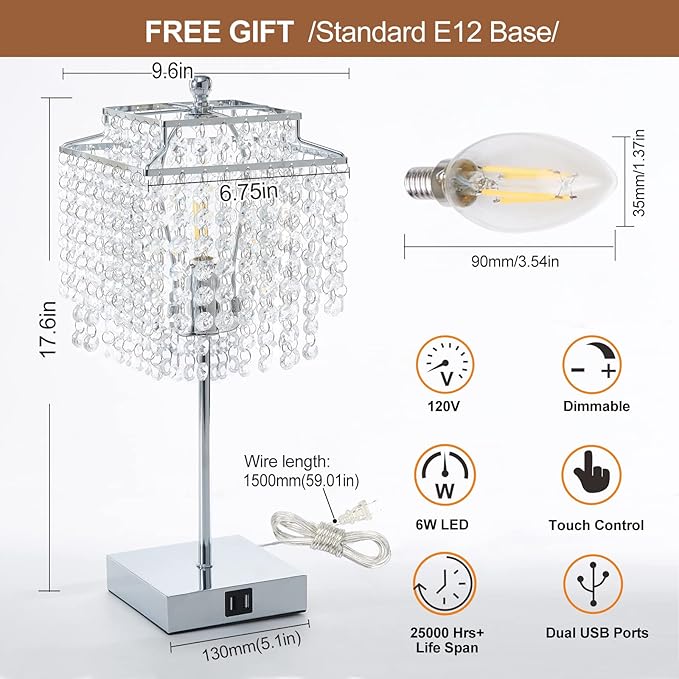 Touch Crystal Table Lamp Silver, Bedside Lamp with USB C+A Ports, Dimmable Nightstand Lamp with Crystal Shade, Bedroom Lamp for Girls Bedroom, Living Room, Bulb Included