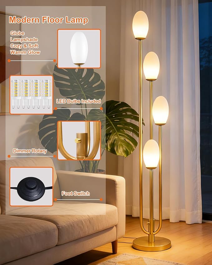 Lightdot Gold Floor Lamp 4-Lights Dimmable Floor Lamps with Oval Lampshade 3000K Bulbs Included Unique Modern Standing Tall Lamp for Living Room/Bedroom/Sofa Beside/Corner Decor