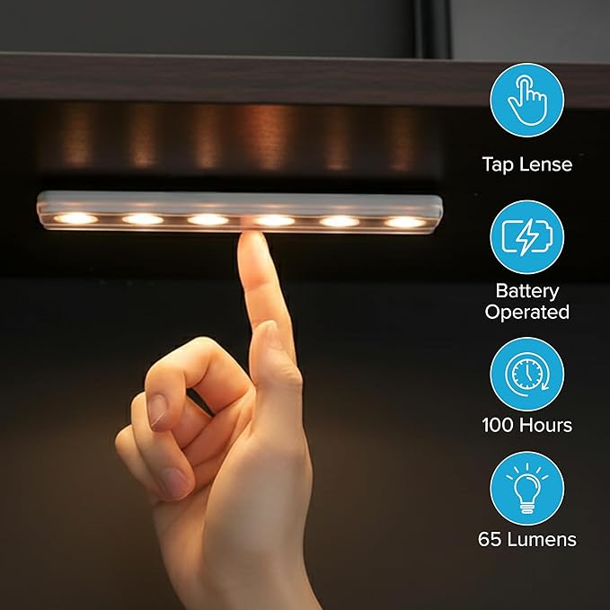 Brilliant Evolution 0.9" Ultra-Thin Wireless Under Cabinet Lights Battery-Operated LED Fixtures - 8.5" L Stick-On Push Lighting - 65 Lumens Warm White, Timer Included for Kitchen, Closet NAD Counter