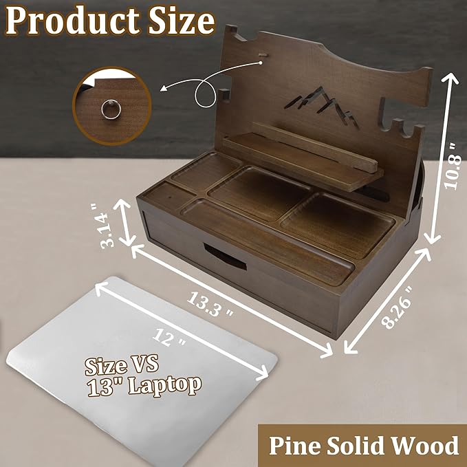 Nightstand Organizer for Men with Large Drawer, Wood Phone Docking Station for Phone, Apple Watch, Wallet & Keys, Ideal Birthday Gift for Father Husband, Bedside Desk Organizer (Brown)