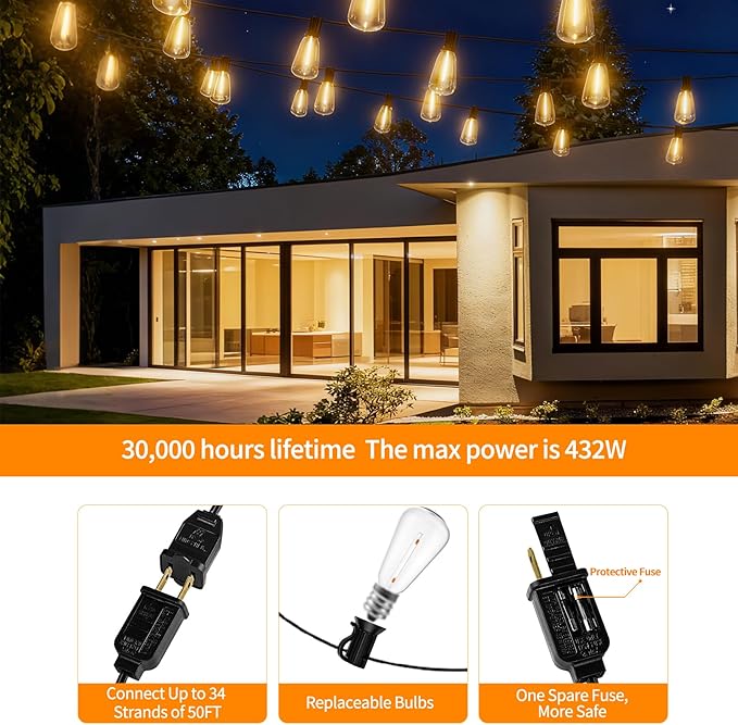 LED Outdoor String Lights 50ft ST38 Waterproof Patio Lights with 25 Vintage Shatterproof Bulbs(2 Spare), Dimmable Outside Hanging Edison String Lights for Backyard Porch Balcony Decor, Warm White