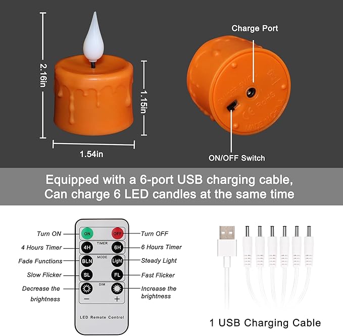 FREEPOWER Orange Halloween Candles,Rechargeable Flameless Candles with Remote Timer, Soft 3D Wick LED Tealights Candle, Rechargeable Candles Flickering Realistic for Halloween Decorations,Set of 6
