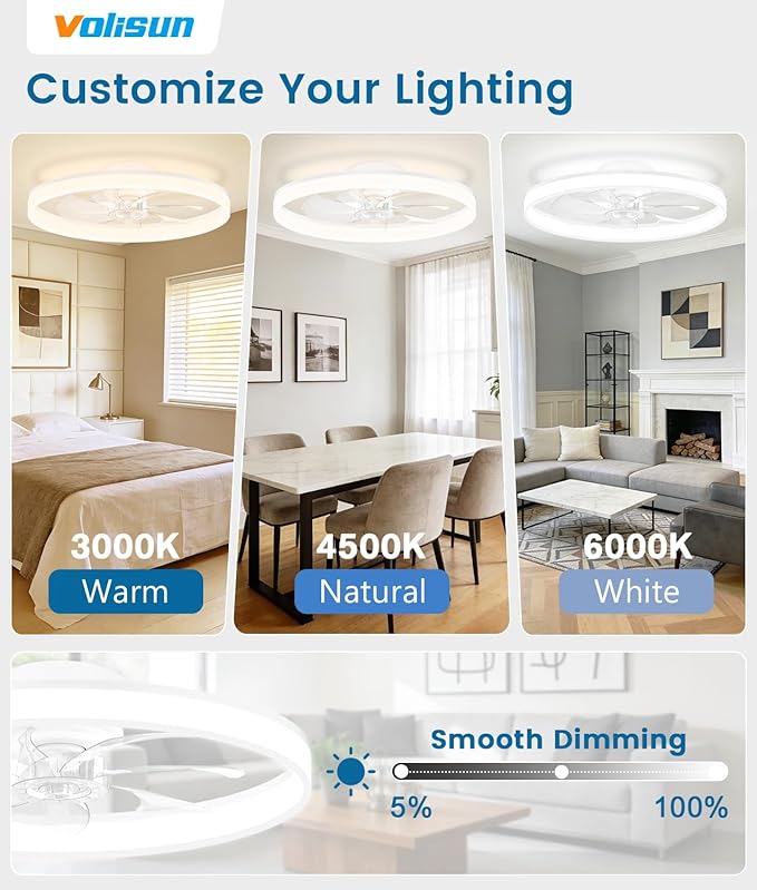 VOLISUN Low Profile Ceiling Fans with Lights and Remote, 24in Fandelier Ceiling Fan Flush Mount, 3000K-6500K Smart Bladeless LED Fan Light, White Modern Ceiling Fans with Lights for Bedroom