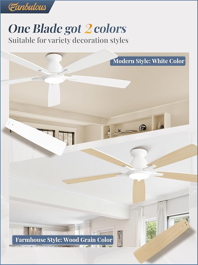 Fanbulous 60 inch Ceiling Fans with Lights, Smart Flush Mount Ceiling Fan and Remote APP, Modern Low Profile, 3CCT 20W LED with 6-Speeds Quiet Reversible Motor for Bedroom, Living Room, Kitchen, White