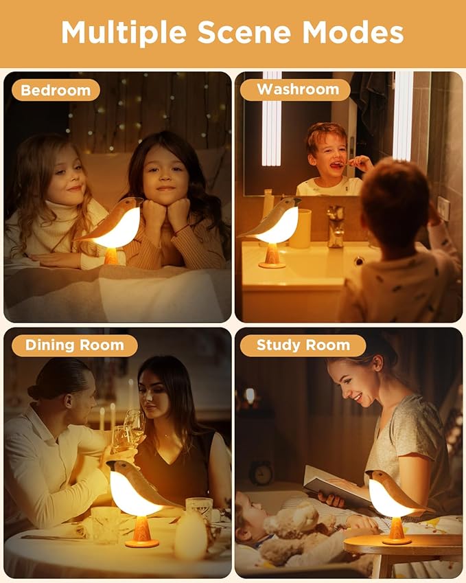 Small Bird Table Lamp, 2600mAh Touch Cordless Bedside Lamp with Remote Control, 3-Color Dimmable Kids Night Light, Rechargeable Desk Lamp with Timer and Bird Sounds for Toddler Kids Bedroom Nightstand