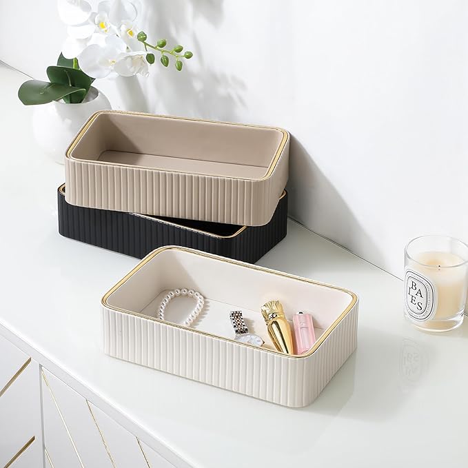 Desk Organizer Tray, PU Leather Nightstand Organizer Perfume Valet Tray for Men Women, Decorative Vanity Trays Trinket Dish Key Bowl for Entryway Table (Ivory, Small)