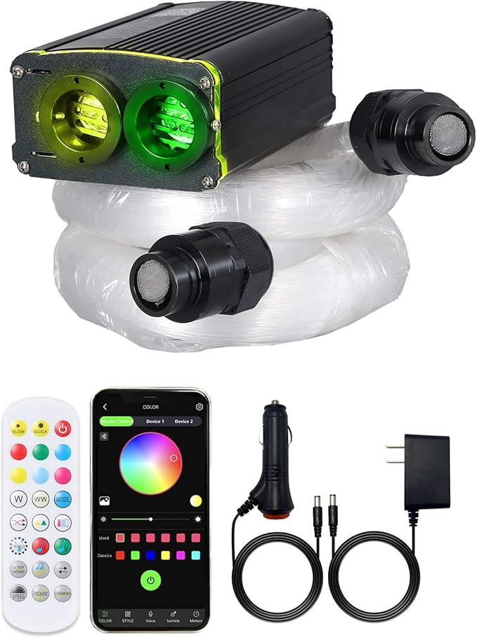 GIDERWEL 20W Dual Port Dual Color Fiber Optic Light Kit,9.8ft/3m 600pcs of 0.03in Optical Fibers Cable,RGBW Twinkle+Sound Activated Fiber Optic Star Ceiling Light Kit for Car Headliner Star/Home