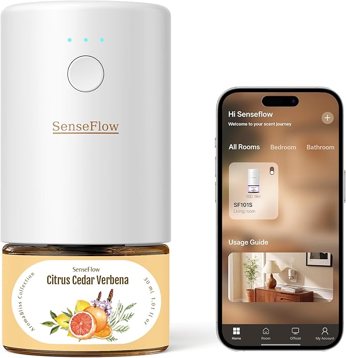 SF101S Pro Smart Plug in Air Freshener for Home, Waterless Essential Oil Diffuser, Aromatherapy Home Diffuser, 120-Day Natural Aroma Mist – Free 30ml Citrus Cedar Verbena (Warm Orange)