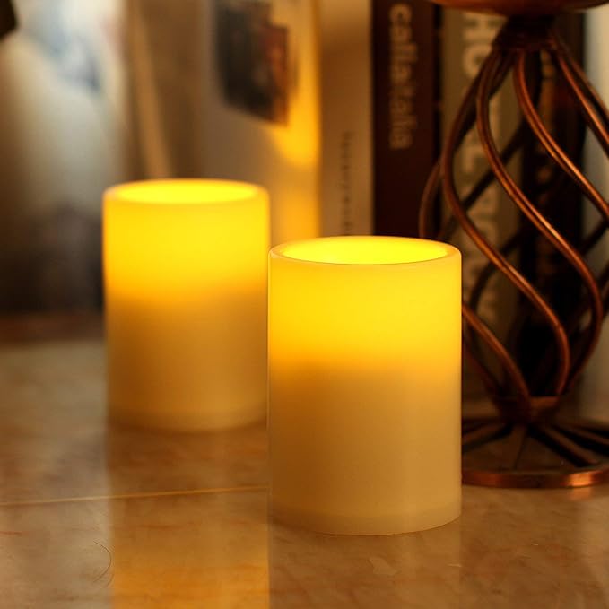 Flameless Outdoor LED Candle Set, Battery Operated Plastic Pillar Led Candle Light with Timer, 3 x 4, Ivory,Pack of 2