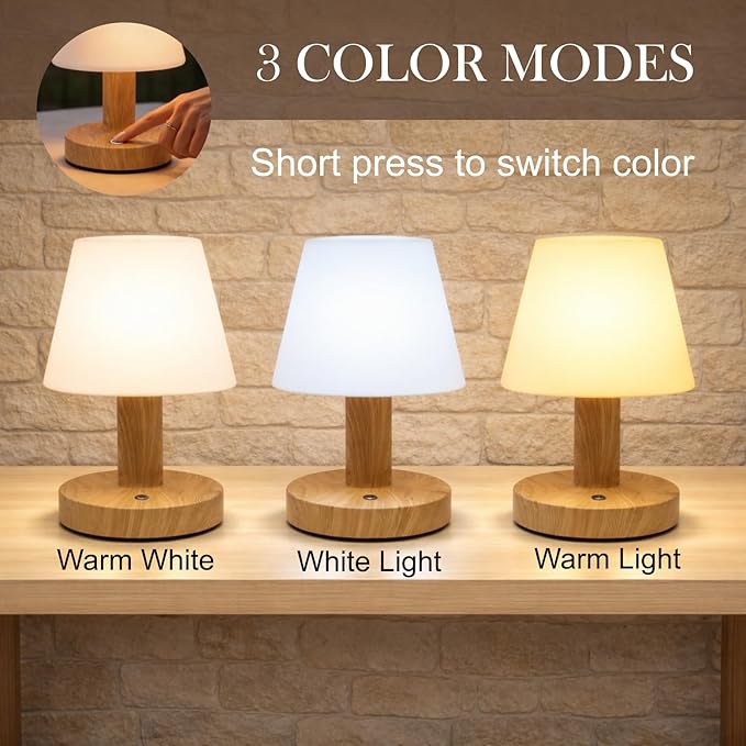 Cordless Table Lamp, Rechargeable Table Lamp, Waterproof Shower Lamp, 5200mAh Small Lamps, 3-Color Dimmable Touch Light, Portable Outdoor and indoor table lamp, Bedside night light (Natural Wood)
