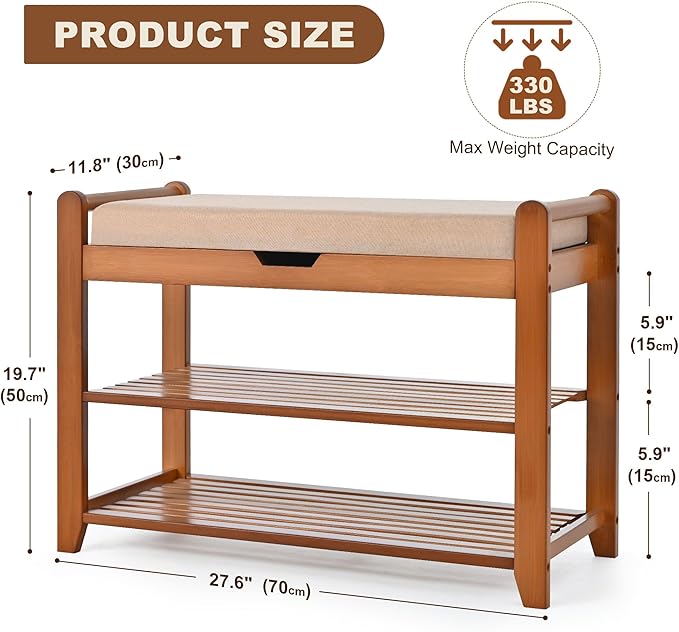 Shoe Rack Bench, Shoe Storage Bench with Cushion, 27.6in Entryway Bench with Lift Top Hidden Storage Holds Up to 330lb for Bedroom Living Room