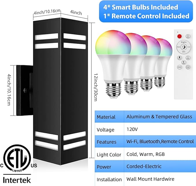 SHIMR Color Changing Outdoor Wall Lights 2 Pack, Ambiance Up and Down Lights Outdoor, Waterproof Square Smart Porch Lights WiFi APP Control Exterior Light Fixture Home Theater Lighting [ETL Listed]